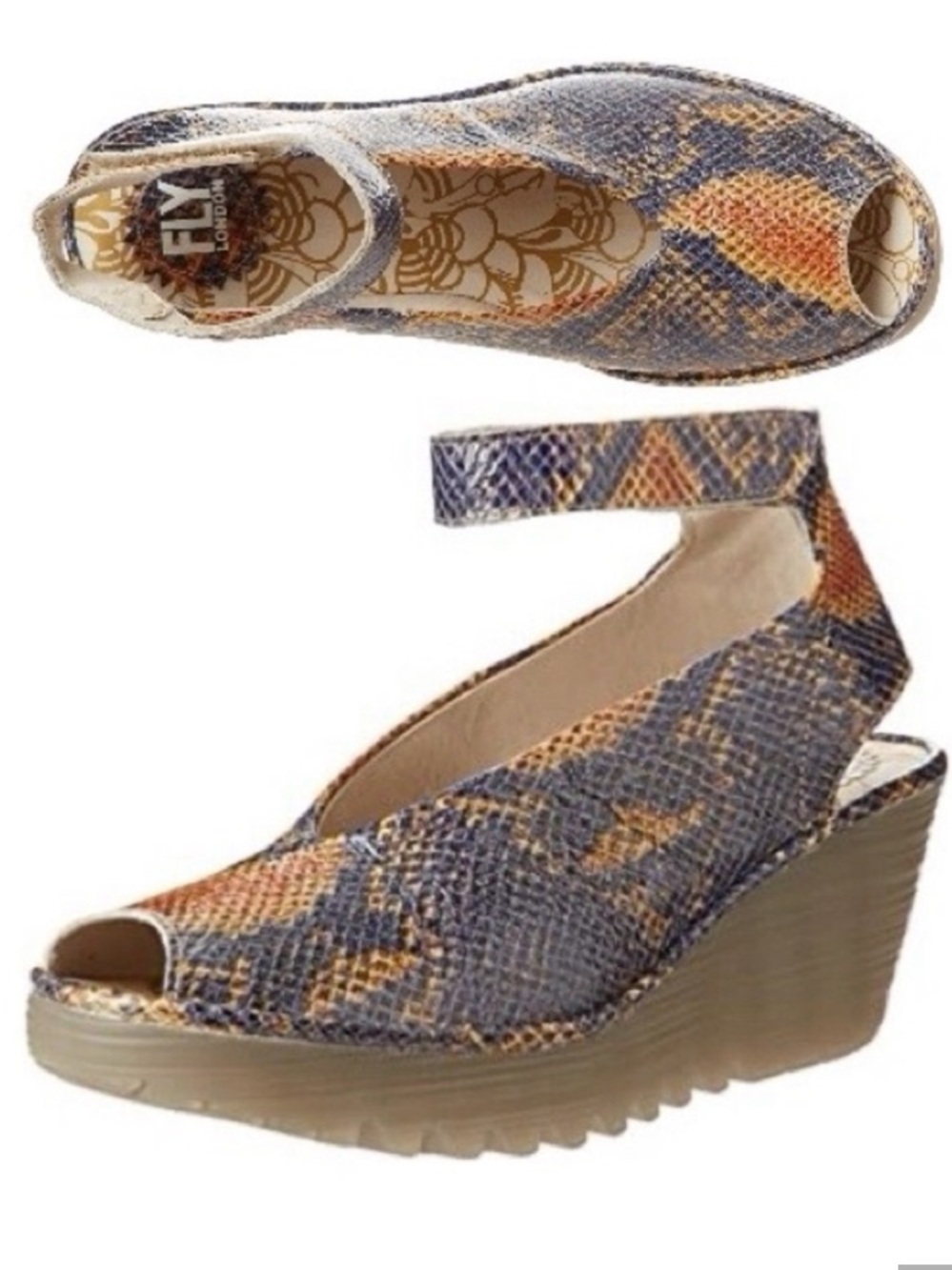 Fly London Yala Snakeskin Leather Wedge Heel Ankle Strap Sandals Charcoal Tan 10 - Picture 2 of 12